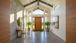 © CleanSpace Studio - Modern Foyer Interior with Stone Wall, Vaulted Ceiling, and Wooden Entry Door