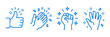 © Angel Mandik - Minimalist blue line hand gesture icons, set of 4 celebration hand symbols, thumbs up and clapping hands for business success and social media