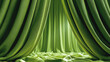 © Katerina Bond - Close view of textured green curtains draped open, revealing softly lit fabric folds in a studio setting.