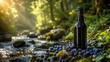 © Daria - A dark craft beer bottle stands among a lush abundance of fresh wild blueberries on the mossy bank of a sunlit forest stream. Refreshing summer nature concept with bright green bokeh.