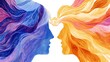 © LaVisionique - Two stylized human profiles with vibrant, flowing hair showcase the concept of communication and creative collaboration. Ideal for use in marketing materials related to teamwork, innovation, and