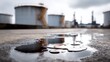 © setiadio - Oil spill on pavement in front of industrial storage tanks