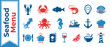 © Noorun  - Professional Seafood Menu Vector Icon Set Featuring Lobster Crab Fish Shrimp Octopus Squid Oyster Clam Seahorse Fishing Boat Anchor Chef Hat Plate Cooking Pot Wine Glass Lemon Soup and Lighthouse