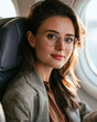 © Kowit - Young woman with glasses sitting by an airplane window, smiling softly and looking at the camera during a flight.