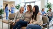 © ALLmost - Three women of different generations smiling and embracing in a hospital waiting room.