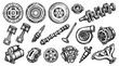 © no one - Various detailed black and white hand-drawn car engine parts are arranged on a clean white background, showcasing automotive components