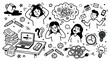 © no one - Hand-drawn black and white doodle illustration depicting various stress-inducing situations and frustrated people on a clean white background
