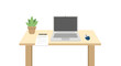 © MAS - Minimalist desk with laptop, plant, mouse, and document for remote work or study