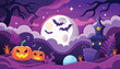 © design - Spooky halloween night background with full moon flying bats and creepy pumpkins in purple clouds