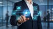 © AH Project - Businessman touching AI icon with surrounding digital interface elements