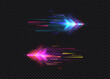 © Valeriia - A set of vibrant arrows with clean lines, vibrant backlighting, and a dynamic acceleration effect. Illuminated arrows for directional and speed effects, web design, and illustrations. Vector on a dark