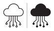 © iconstore - Cloud Computing Icons: A split image featuring two cloud icons, one white and one black, both connected to circuitry, symbolizing data transfer and digital technology.