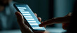 © petrrgoskov - Instant connection in the digital age closeup of hands holding a glowing smartphone with a messaging app open, tapping through conversations in a dark, moody environment.