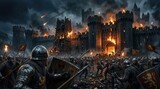 Medieval soldiers attacking stone castle with siege tower. Army of knight fighting in historical battle. Flaming fortress, epic war and military conquest during the middle age period.