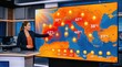 © Margarita Ratatosk - Woman meteorologist presenting weather forecast with high temperature map on screen. News presenter showing extreme heatwave across Europe. Climate change and global warming concept.