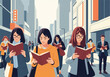 © Adi - Vector illustration of a group of diverse people walking on a busy urban city street while reading open books, featuring men and women in professional and casual attire with tall buildings.