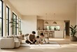 © TimosBlickfang - Young diverse family with toddler playing wooden building blocks on living room rug, enjoying togetherness and happy moments in modern minimalist home interior