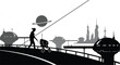 © Moheeb - Person walks through a futuristic city landscape while pushing a high tech robotic cart.