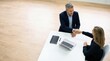 © Ada - Businessman and businesswoman shaking hands over a white office desk from a top view. High angle shot capturing a professional agreement, partnership, or job interview success.