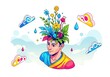 © Black - Creative Illustration of a Person with Floral Headpiece and Cloud Elements.