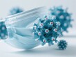 © Alper AI - Close-up of a blue surgical mask with a 3D model of a coronavirus particle