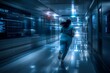 © Red X and Co - Urgent Response: Female Nurse in Scrubs Running Down a Futuristic Hospital Corridor Toward an Intensive Care Unit Emergency