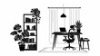 © MOHAMMAD SALIM  - Modern home office workspace with desk, chair, plants, and laptop setup Vector