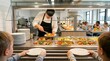 © Olga Ко - Professional male chef serving a healthy hot lunch to children in a modern school cafeteria. Kids holding empty plates at the buffet counter waiting for food, while other students eat.