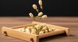 © Ng - Delicate dried jasmine buds artfully arranged on a wooden tray, some floating gently for a captivating visual appeal