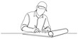 © Jagonnath - Continuous line drawing of an architect wearing a cap sketching on a blueprint Vector, illustration