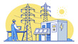 © Muhamad - Electrical engineer monitoring power grid substation with high voltage towers and solar energy components