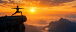 © Rookie - Silhouette of a woman in warrior yoga pose on a mountain cliff at sunset.