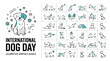 © Safia - International Dog Day celebration graphics bundle, cute puppy line art icons set, teal and white pet activity vector illustrations for animal lovers