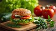 © Happy - Deliciously fresh, colorful vegan burger with crisp lettuce, ripe tomatoes, and cucumber