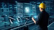 © Lee - Engineer in yellow hard hat monitoring AI supply chain and predictive maintenance logs on holographic interface in smart factory, industrial automation concept.