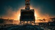 © AspctStyle - Excavator bucket low angle view at industrial construction site with dust and sunset for heavy machinery and infrastructure projects