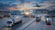 © Morgan - Smart logistics and transportation network connecting trucks, cargo planes and warehouses with global data lines for efficient supply chain management system.