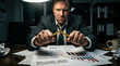 © INT888 - Businessman pencil office stress document chart report finance man snapping pencil over financial report with declining sale and tense expression