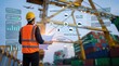 © Leo - Logistics manager monitoring intermodal transport optimization systems at a busy shipping port, utilizing real-time tracking data for cargo containers, supply chain management