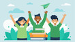 © Kalo - Diverse students celebrating, raising hands, educational icons, flat illustration, green color scheme