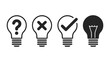 © Sidratul Muntaha 5 - Light bulb icons with question mark, idea, and checkmark symbols in black and white, vector illustration for innovation and decision concepts.