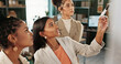 © peopleimages.com - Glass wall, planning and team with women in logistics warehouse for supply chain strategy. Conversation, ecommerce and storyboard with employee group in office for delivery or distribution schedule