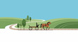 © Venjex Illustrations - Horse pulling wooden wagon on rural country road in sunny landscape