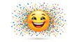 © Iram - Cheerful yellow emoji face with wide smile, festive celebration with colorful confetti explosion, happy emoticon for party and success isolated on White Background