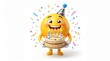© Iram - Happy birthday emoji character holding a cake with candles, cheerful yellow smiley face with party hat and confetti, festive celebration emoticon isolated on White Background
