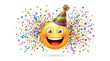 © Ali - Cheerful birthday emoji with party hat, happy yellow smiley face with colorful confetti and streamers, festive celebration emoticon for greeting cards isolated on Transparent Background