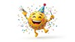 © Ali - Cheerful party emoji character with birthday hat and confetti, happy yellow smiley celebrating with sparkler and blower, festive holiday emoticon isolated on Transparent Background