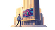 © raharjo007 - An illustration of a person walking towards a modern building with a large digital billboard displaying a prominent warning sign.