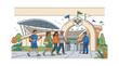 © Alvi - Group of people walking towards a tennis stadium entrance with a security guard.