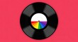 © awake - Vinyl record with colorful spectrum on red background music concept